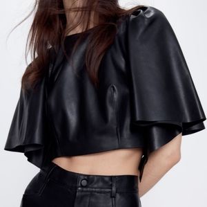 NWT Zara Voluminous Black Leather Zipup Crop Top size small